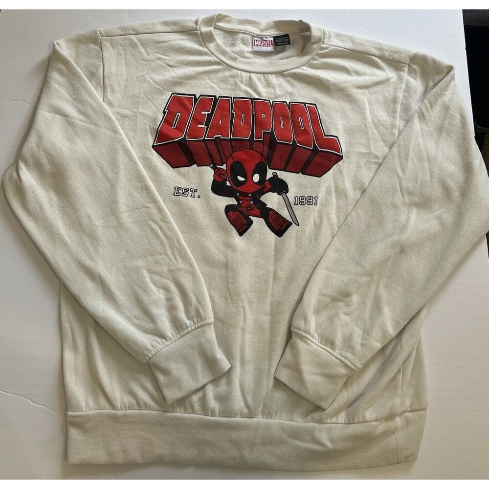 Marvel Deadpool Sweatshirt Ivory Crew Neck Graphic Print Men's M